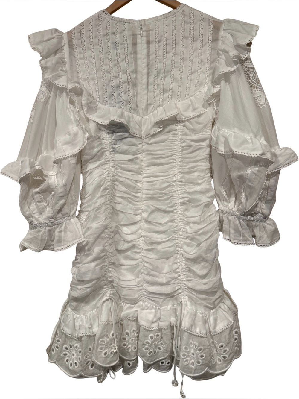 Farm Rio 100% Cotton White Laced Short Sleeve Mini Dress Ruched S Ruffle Eyelet - Picture 9 of 13